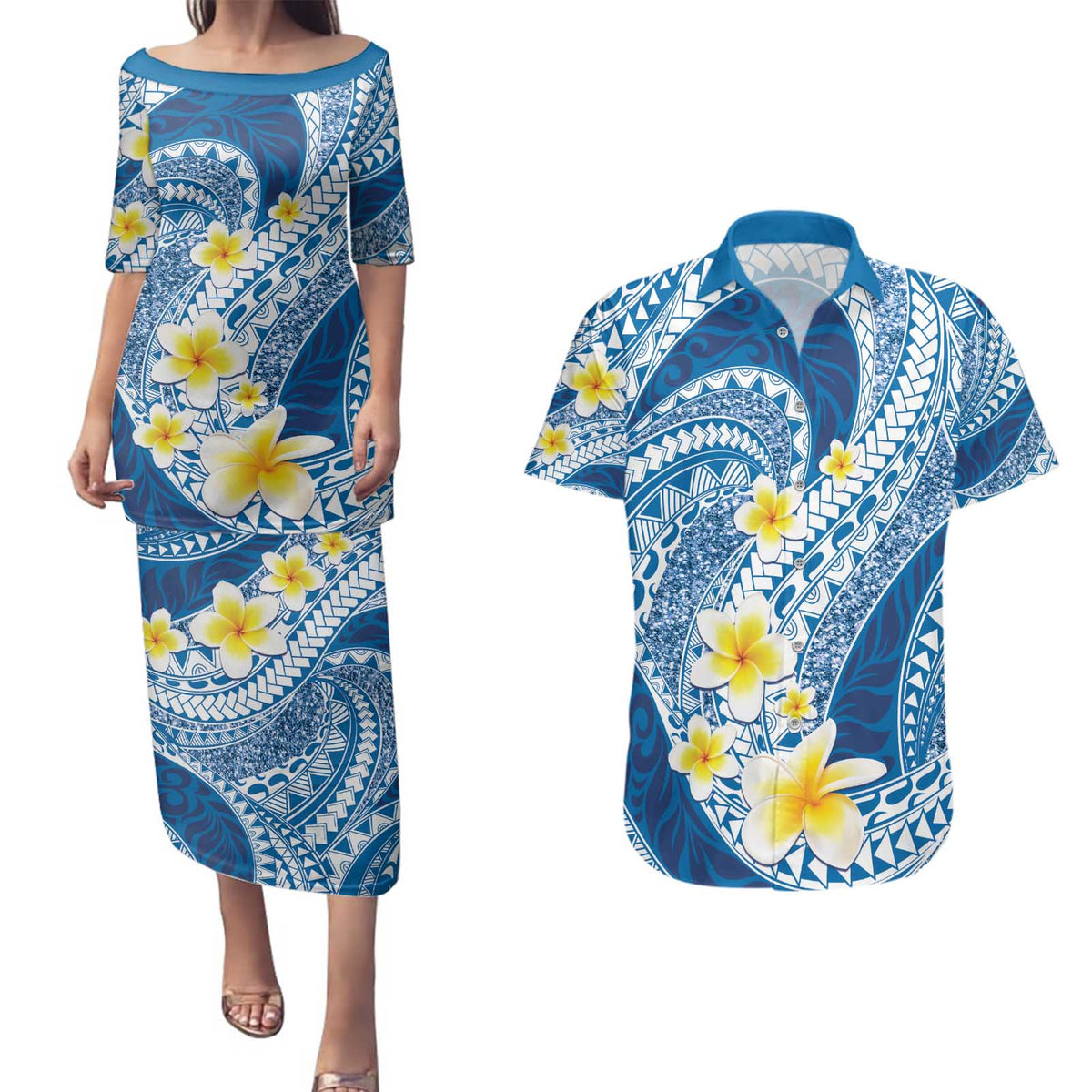 Plumeria Polynesian Blue Glitter Pattern Couples Matching Puletasi and Hawaiian Shirt LT01 Blue - Polynesian Pride