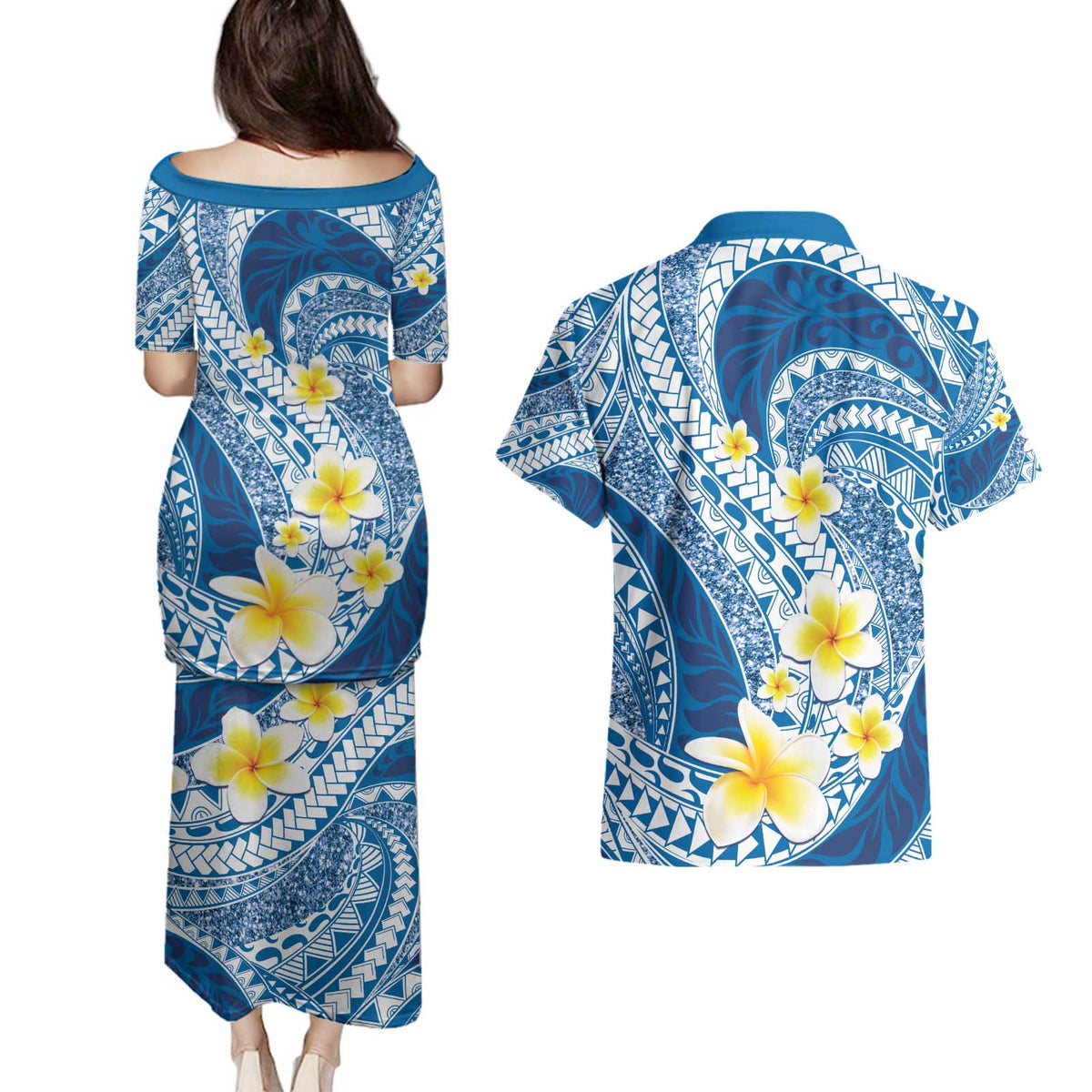 Plumeria Polynesian Blue Glitter Pattern Couples Matching Puletasi and Hawaiian Shirt LT01 - Polynesian Pride