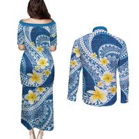 Plumeria Polynesian Blue Glitter Pattern Couples Matching Puletasi and Long Sleeve Button Shirt LT01 - Polynesian Pride