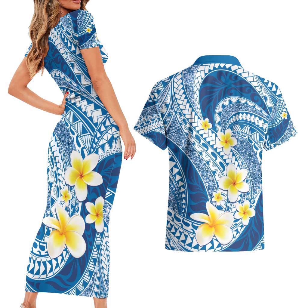 Plumeria Polynesian Blue Glitter Pattern Couples Matching Short Sleeve Bodycon Dress and Hawaiian Shirt LT01 - Polynesian Pride