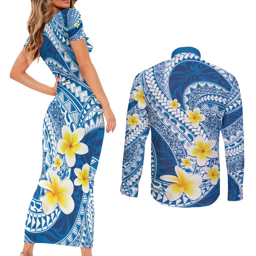 Plumeria Polynesian Blue Glitter Pattern Couples Matching Short Sleeve Bodycon Dress and Long Sleeve Button Shirt LT01 - Polynesian Pride