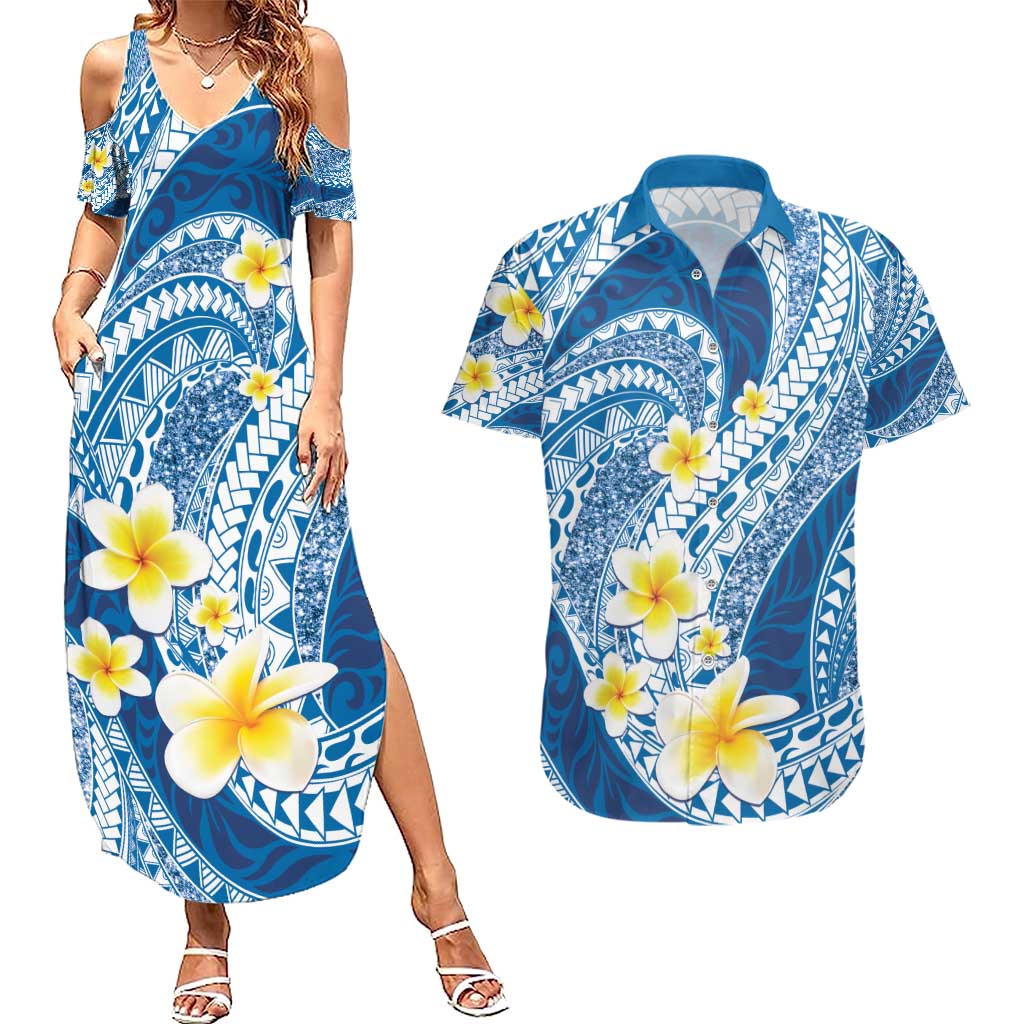 Plumeria Polynesian Blue Glitter Pattern Couples Matching Summer Maxi Dress and Hawaiian Shirt LT01 Blue - Polynesian Pride