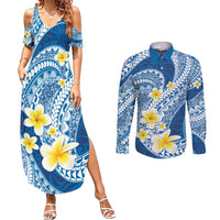 Plumeria Polynesian Blue Glitter Pattern Couples Matching Summer Maxi Dress and Long Sleeve Button Shirt LT01 Blue - Polynesian Pride