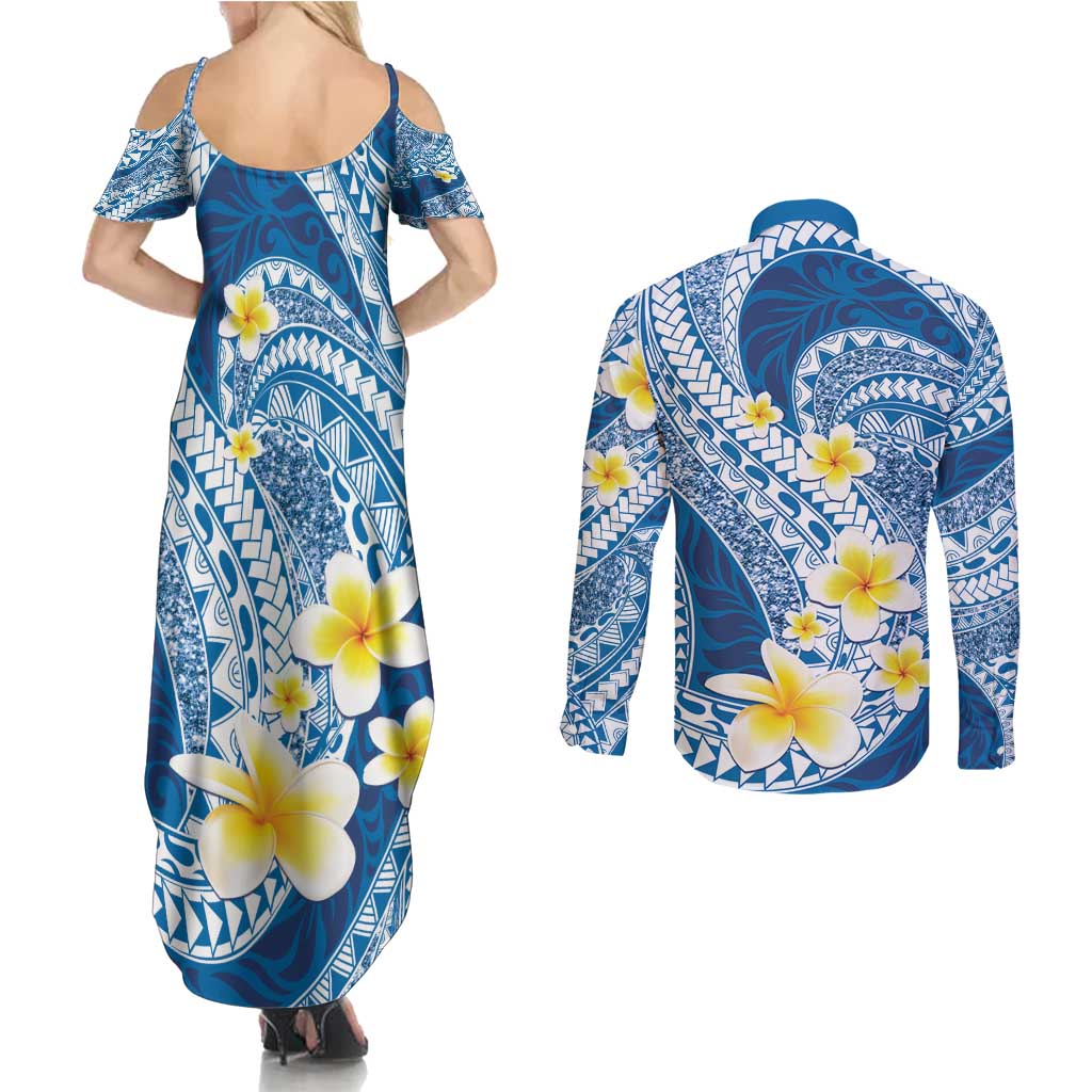 Plumeria Polynesian Blue Glitter Pattern Couples Matching Summer Maxi Dress and Long Sleeve Button Shirt LT01 - Polynesian Pride