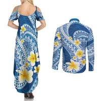 Plumeria Polynesian Blue Glitter Pattern Couples Matching Summer Maxi Dress and Long Sleeve Button Shirt LT01 - Polynesian Pride