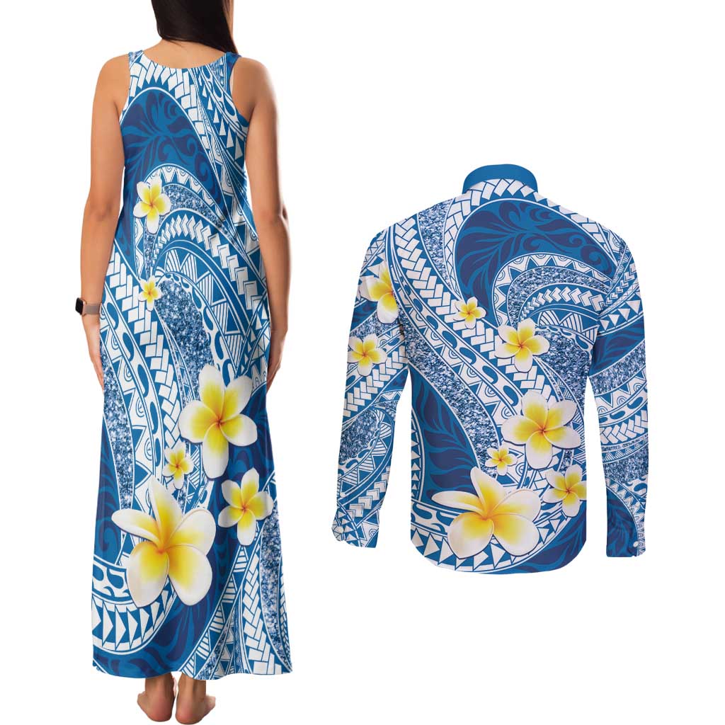 Plumeria Polynesian Blue Glitter Pattern Couples Matching Tank Maxi Dress and Long Sleeve Button Shirt LT01 - Polynesian Pride