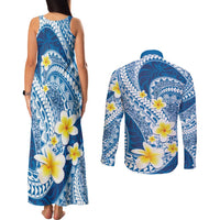 Plumeria Polynesian Blue Glitter Pattern Couples Matching Tank Maxi Dress and Long Sleeve Button Shirt LT01 - Polynesian Pride