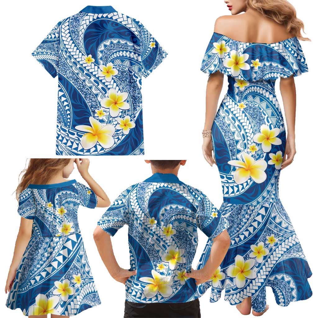 Plumeria Polynesian Blue Glitter Pattern Family Matching Mermaid Dress and Hawaiian Shirt LT01 - Polynesian Pride