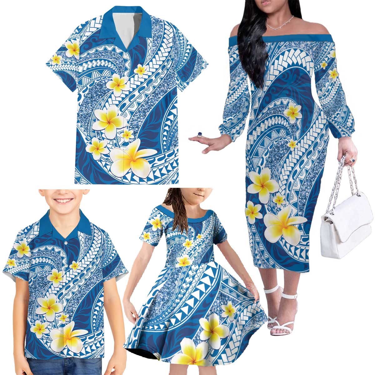 Plumeria Polynesian Blue Glitter Pattern Family Matching Off The Shoulder Long Sleeve Dress and Hawaiian Shirt LT01 - Polynesian Pride