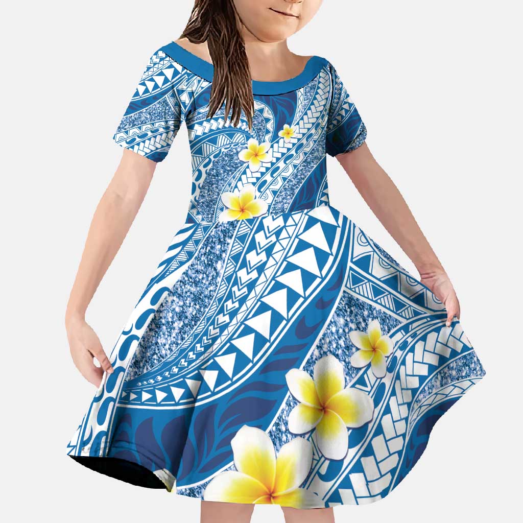 Plumeria Polynesian Blue Glitter Pattern Family Matching Off Shoulder Maxi Dress and Hawaiian Shirt LT01 Daughter's Dress Blue - Polynesian Pride