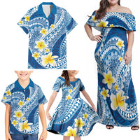 Plumeria Polynesian Blue Glitter Pattern Family Matching Off Shoulder Maxi Dress and Hawaiian Shirt LT01 - Polynesian Pride