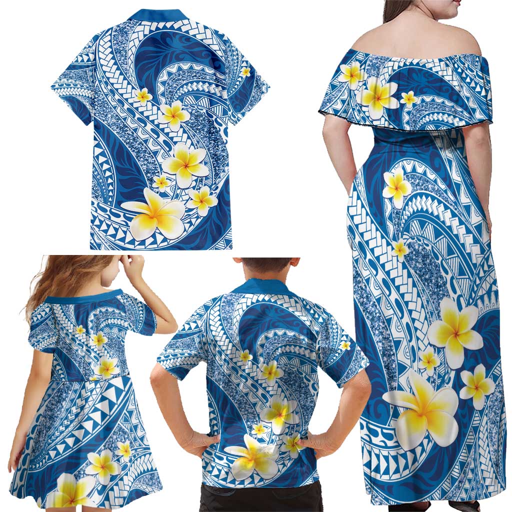 Plumeria Polynesian Blue Glitter Pattern Family Matching Off Shoulder Maxi Dress and Hawaiian Shirt LT01 - Polynesian Pride