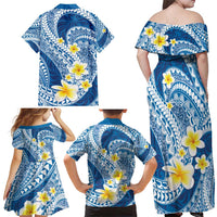Plumeria Polynesian Blue Glitter Pattern Family Matching Off Shoulder Maxi Dress and Hawaiian Shirt LT01 - Polynesian Pride