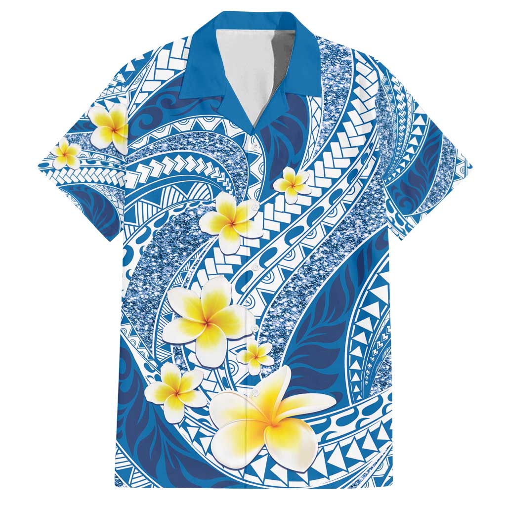 Plumeria Polynesian Blue Glitter Pattern Family Matching Off Shoulder Maxi Dress and Hawaiian Shirt LT01 Dad's Shirt - Short Sleeve Blue - Polynesian Pride