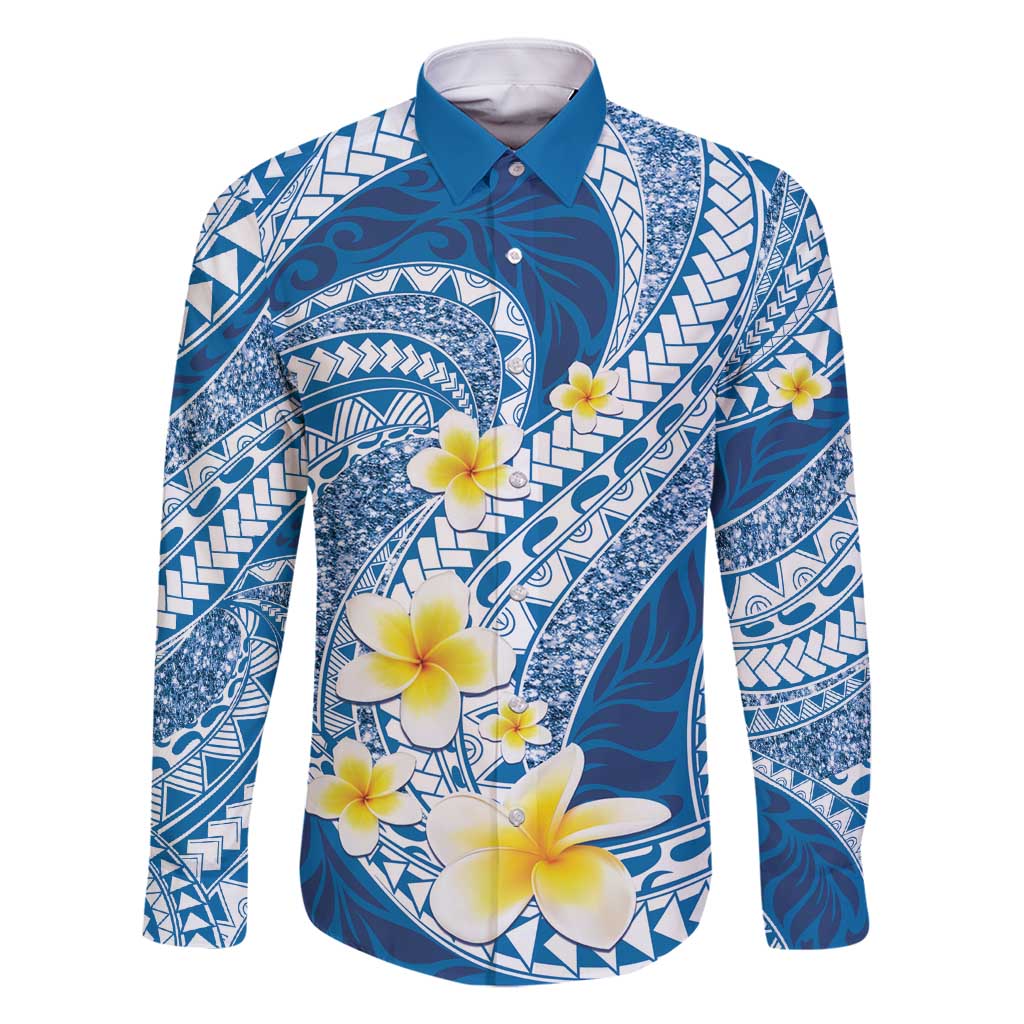 Plumeria Polynesian Blue Glitter Pattern Family Matching Off Shoulder Maxi Dress and Hawaiian Shirt LT01 Dad's Shirt - Long Sleeve Blue - Polynesian Pride