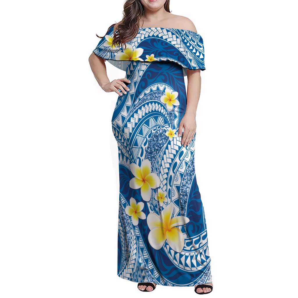 Plumeria Polynesian Blue Glitter Pattern Family Matching Off Shoulder Maxi Dress and Hawaiian Shirt LT01 Mom's Dress Blue - Polynesian Pride