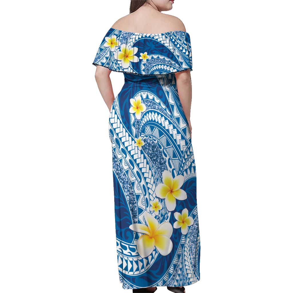 Plumeria Polynesian Blue Glitter Pattern Family Matching Off Shoulder Maxi Dress and Hawaiian Shirt LT01 - Polynesian Pride
