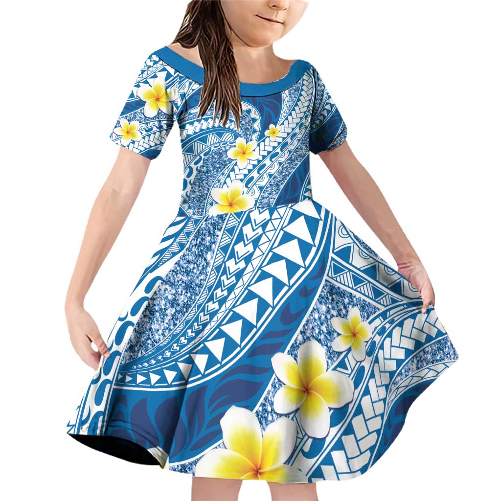 Plumeria Polynesian Blue Glitter Pattern Family Matching Off Shoulder Short Dress and Hawaiian Shirt LT01 Daughter's Dress Blue - Polynesian Pride