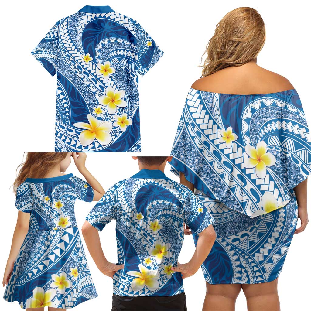 Plumeria Polynesian Blue Glitter Pattern Family Matching Off Shoulder Short Dress and Hawaiian Shirt LT01 - Polynesian Pride