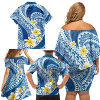 Plumeria Polynesian Blue Glitter Pattern Family Matching Off Shoulder Short Dress and Hawaiian Shirt LT01 - Polynesian Pride