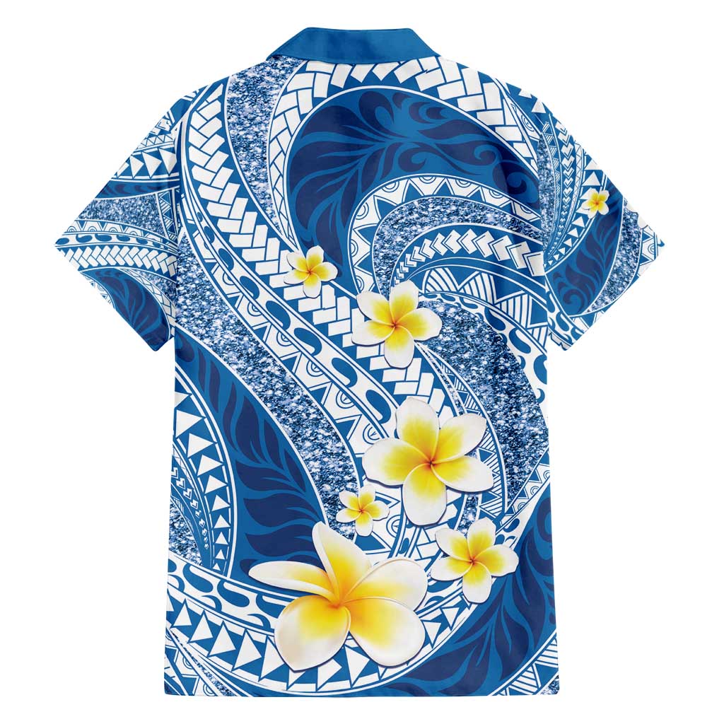 Plumeria Polynesian Blue Glitter Pattern Family Matching Off Shoulder Short Dress and Hawaiian Shirt LT01 - Polynesian Pride