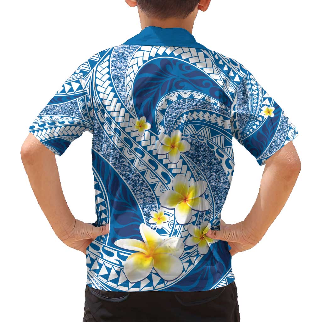 Plumeria Polynesian Blue Glitter Pattern Family Matching Puletasi and Hawaiian Shirt LT01 - Polynesian Pride