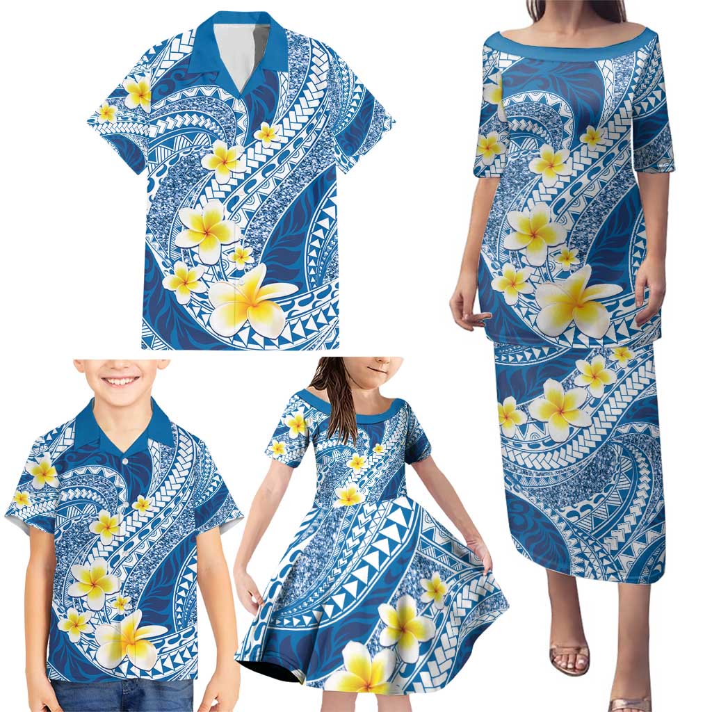 Plumeria Polynesian Blue Glitter Pattern Family Matching Puletasi and Hawaiian Shirt LT01 - Polynesian Pride