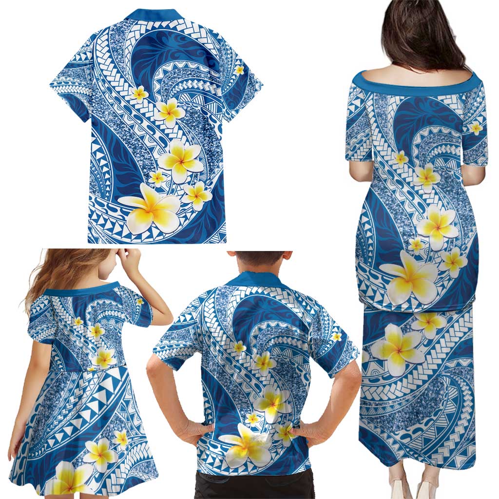 Plumeria Polynesian Blue Glitter Pattern Family Matching Puletasi and Hawaiian Shirt LT01 - Polynesian Pride
