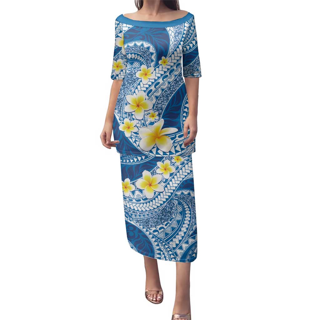 Plumeria Polynesian Blue Glitter Pattern Family Matching Puletasi and Hawaiian Shirt LT01 Mom's Dress Blue - Polynesian Pride