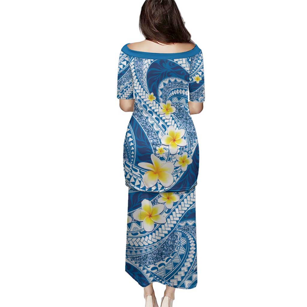 Plumeria Polynesian Blue Glitter Pattern Family Matching Puletasi and Hawaiian Shirt LT01 - Polynesian Pride