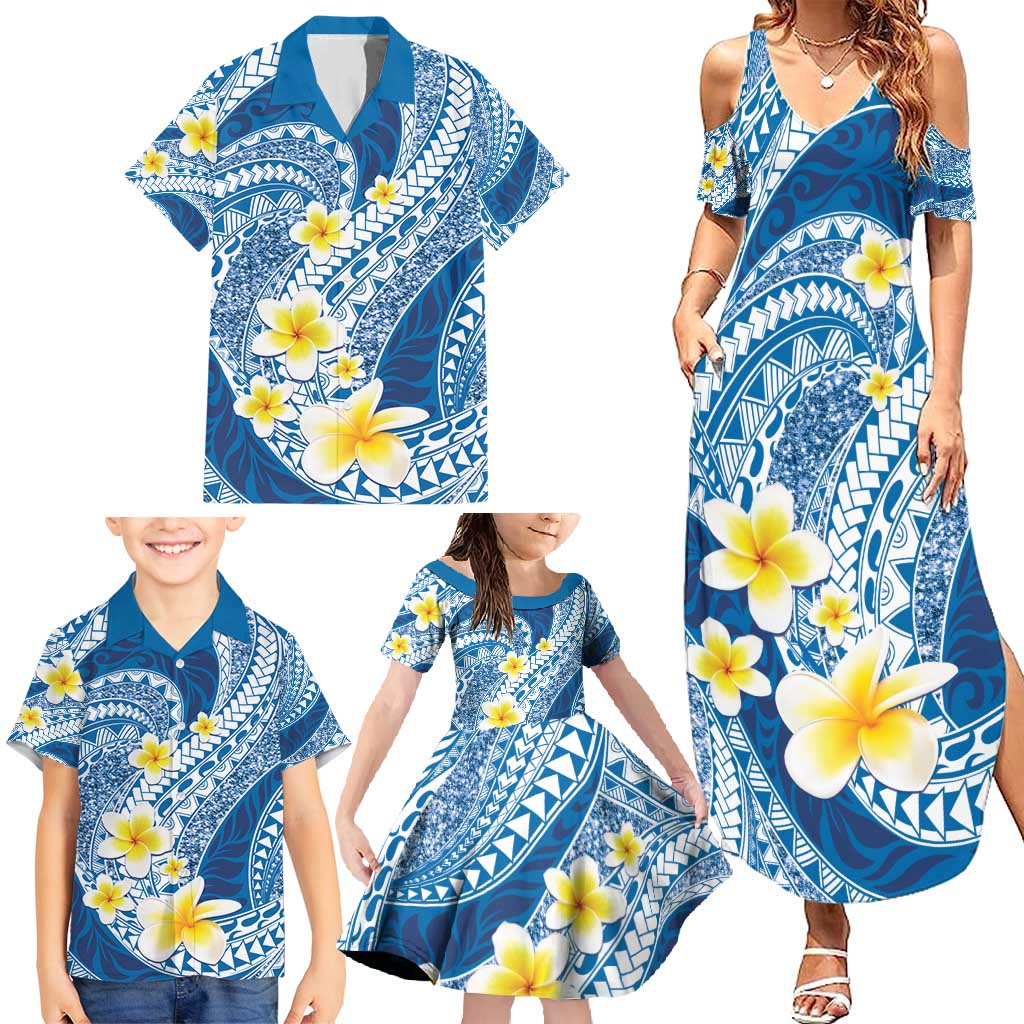 Plumeria Polynesian Blue Glitter Pattern Family Matching Summer Maxi Dress and Hawaiian Shirt LT01 - Polynesian Pride