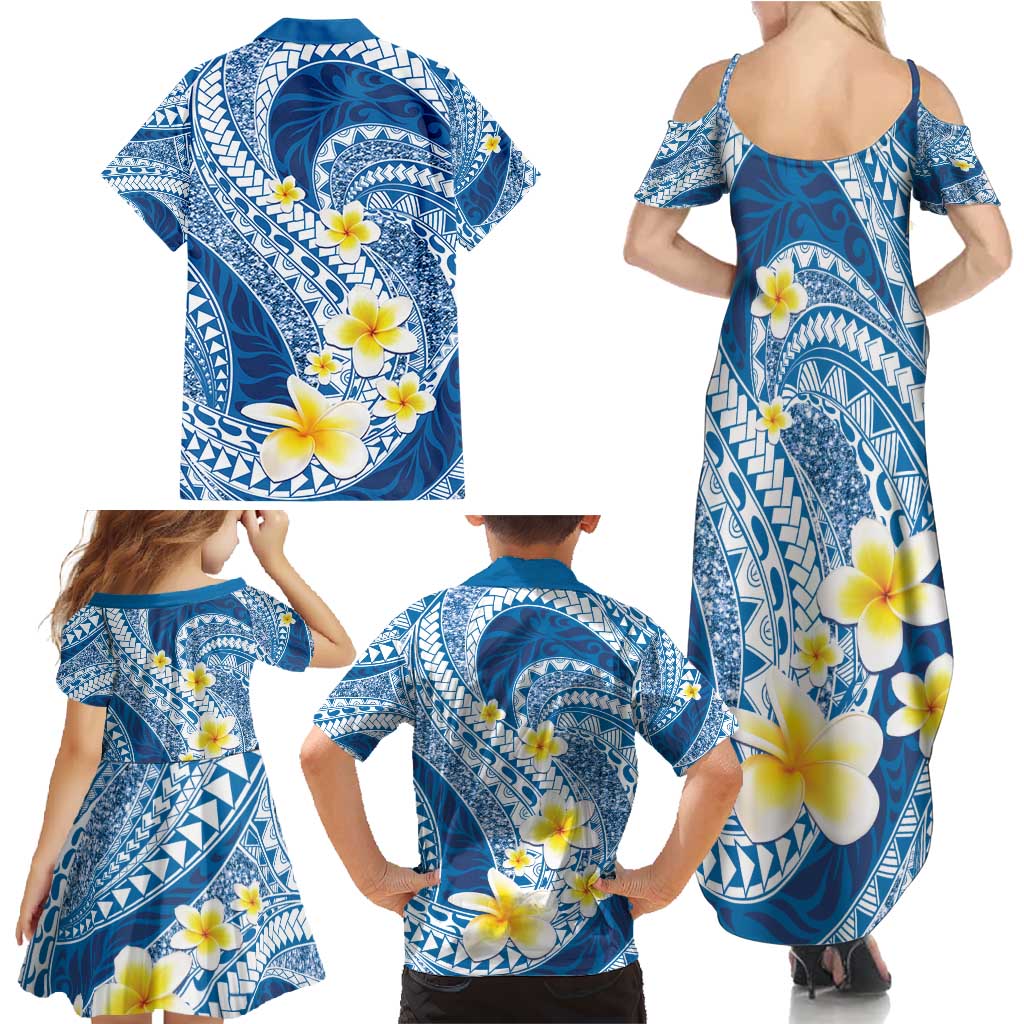 Plumeria Polynesian Blue Glitter Pattern Family Matching Summer Maxi Dress and Hawaiian Shirt LT01 - Polynesian Pride