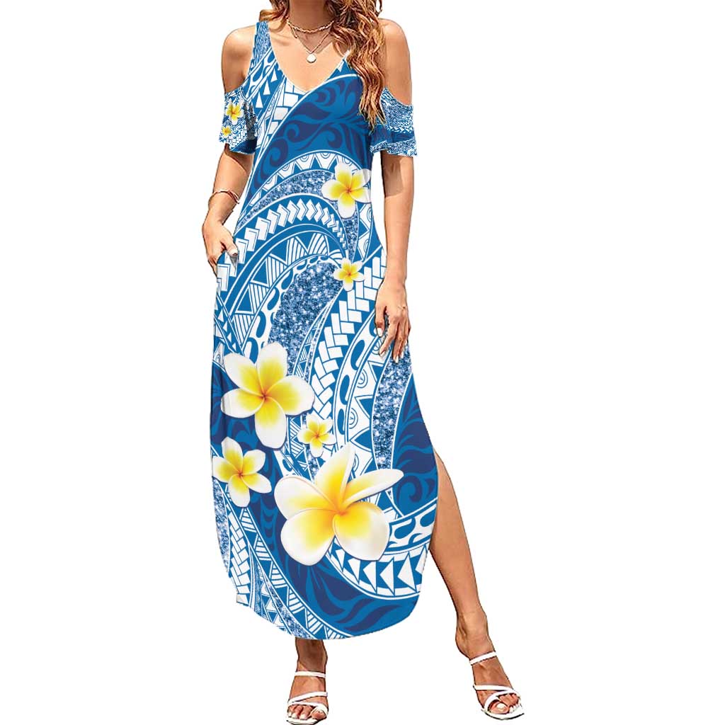 Plumeria Polynesian Blue Glitter Pattern Family Matching Summer Maxi Dress and Hawaiian Shirt LT01 Mom's Dress Blue - Polynesian Pride