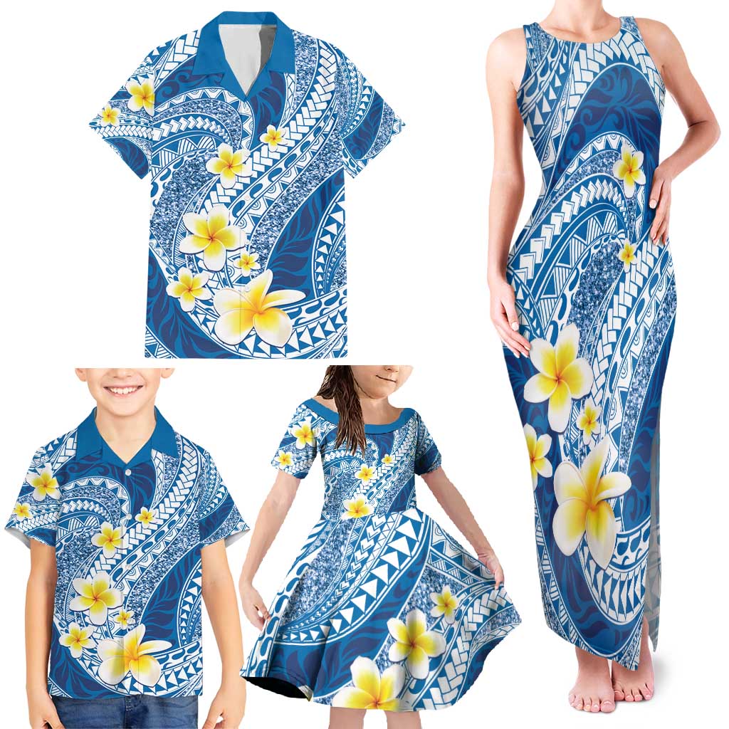 Plumeria Polynesian Blue Glitter Pattern Family Matching Tank Maxi Dress and Hawaiian Shirt LT01 - Polynesian Pride
