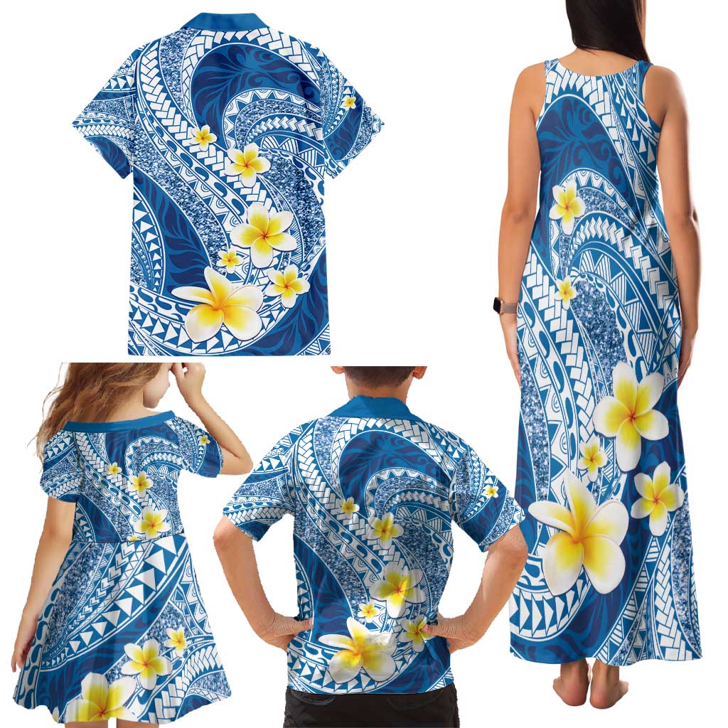 Plumeria Polynesian Blue Glitter Pattern Family Matching Tank Maxi Dress and Hawaiian Shirt LT01 - Polynesian Pride