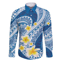 Plumeria Polynesian Blue Glitter Pattern Family Matching Tank Maxi Dress and Hawaiian Shirt LT01 Dad's Shirt - Long Sleeve Blue - Polynesian Pride