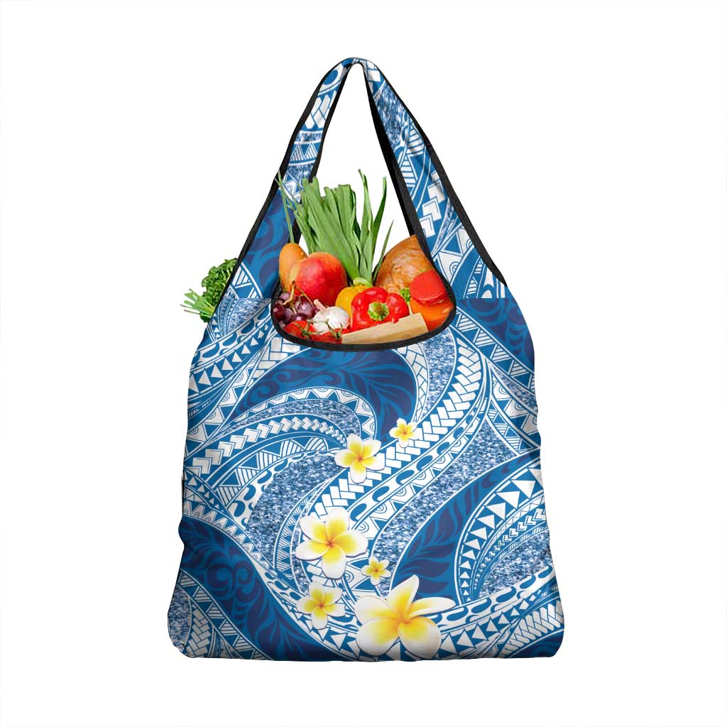 Plumeria Polynesian Blue Glitter Pattern Grocery Bag LT01 1-pack One Size Blue - Polynesian Pride