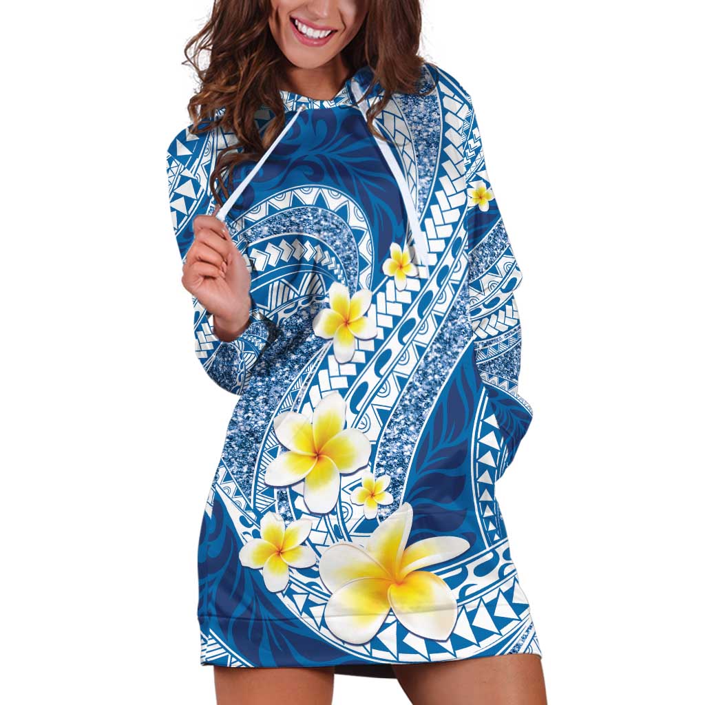 Plumeria Polynesian Blue Glitter Pattern Hoodie Dress LT01 Blue - Polynesian Pride