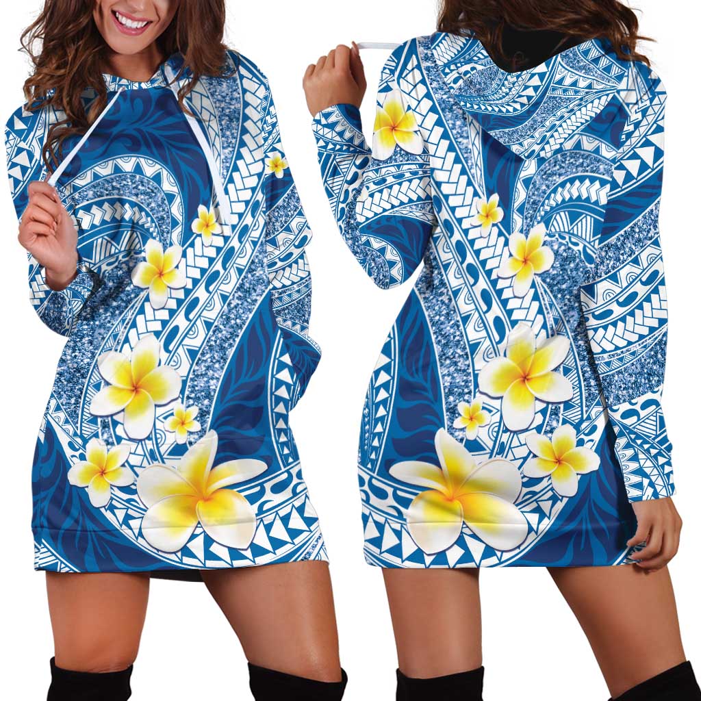 Plumeria Polynesian Blue Glitter Pattern Hoodie Dress LT01 - Polynesian Pride