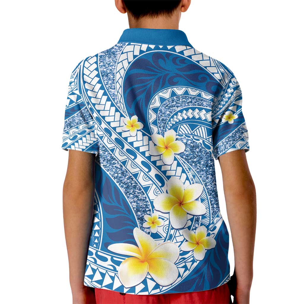 Plumeria Polynesian Blue Glitter Pattern Kid Polo Shirt