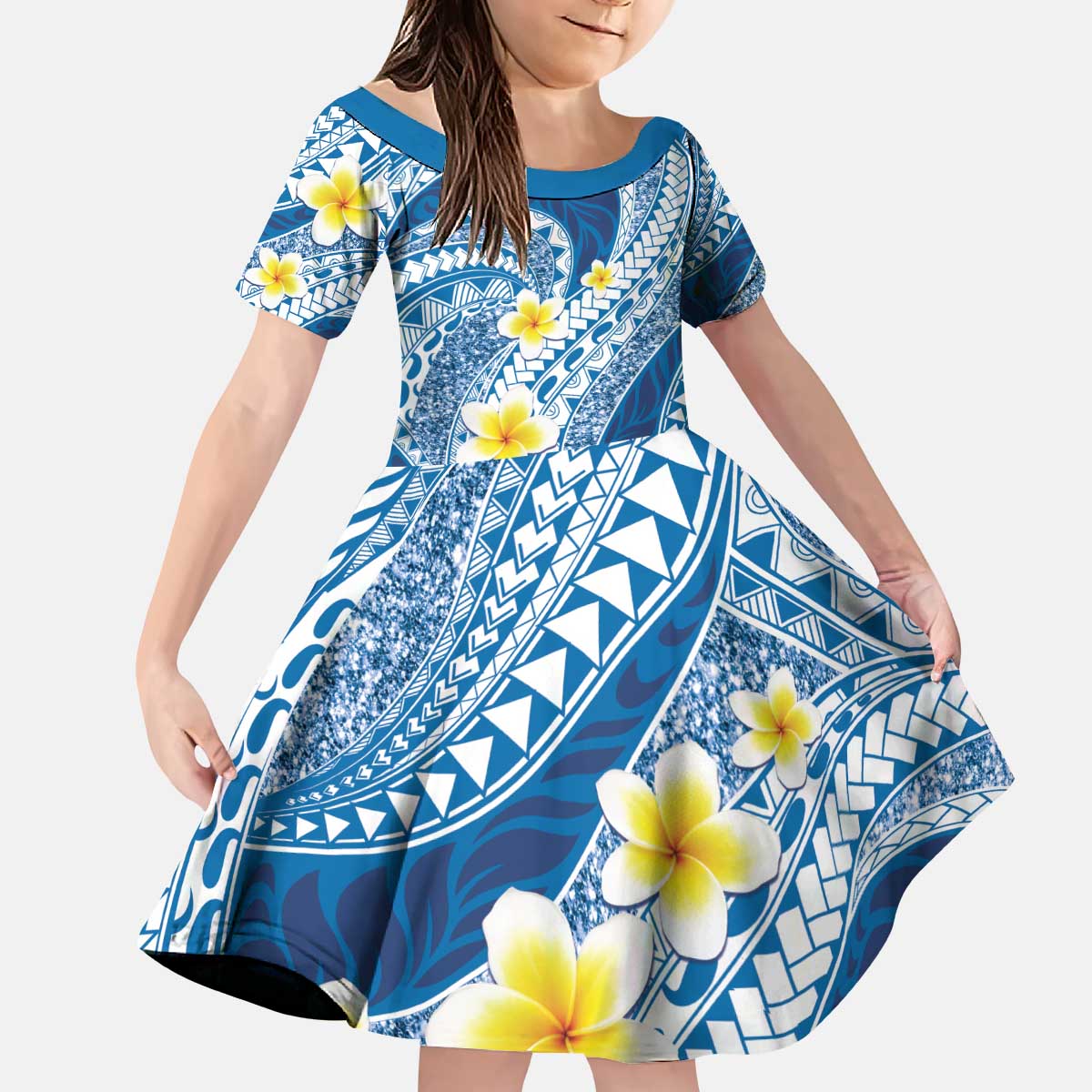 Plumeria Polynesian Blue Glitter Pattern Kid Short Sleeve Dress