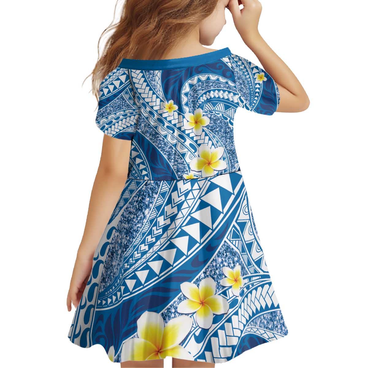 Plumeria Polynesian Blue Glitter Pattern Kid Short Sleeve Dress
