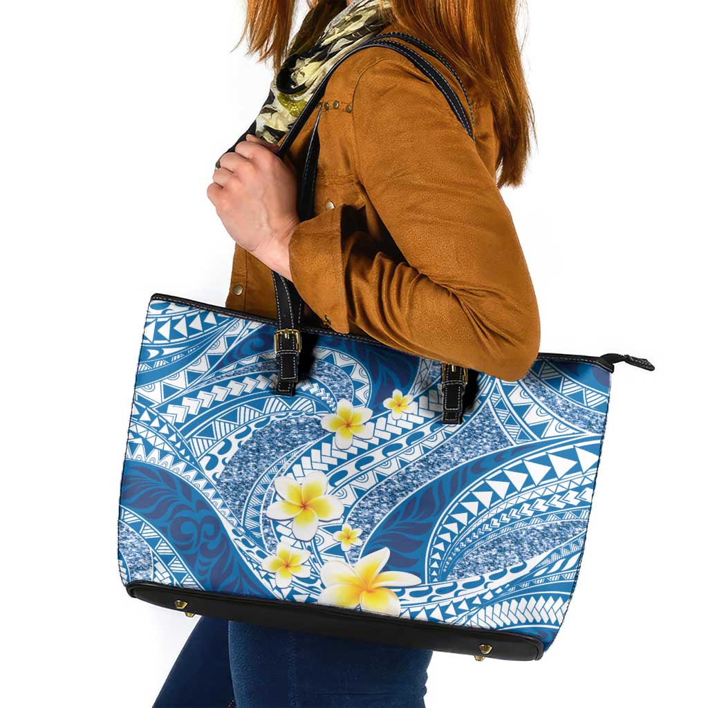 Plumeria Polynesian Blue Glitter Pattern Leather Tote Bag