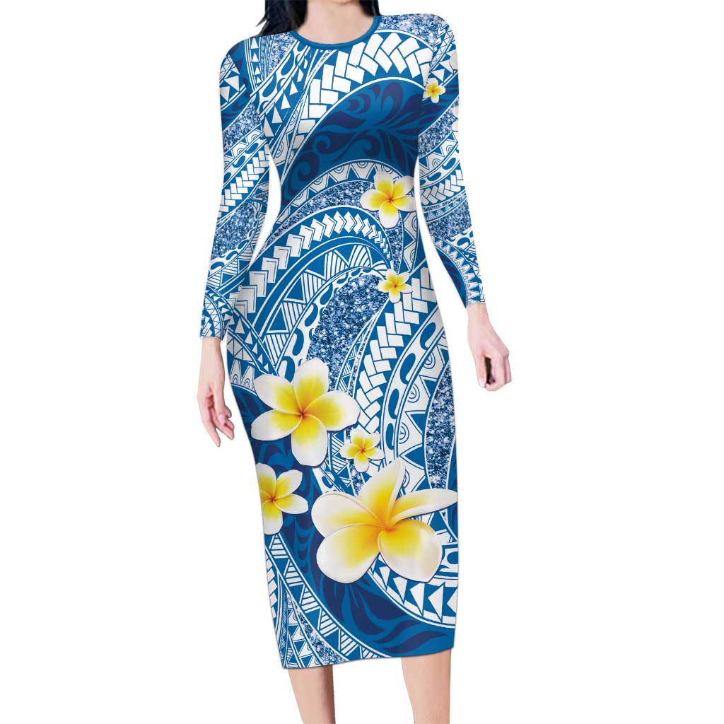 Plumeria Polynesian Blue Glitter Pattern Long Sleeve Bodycon Dress