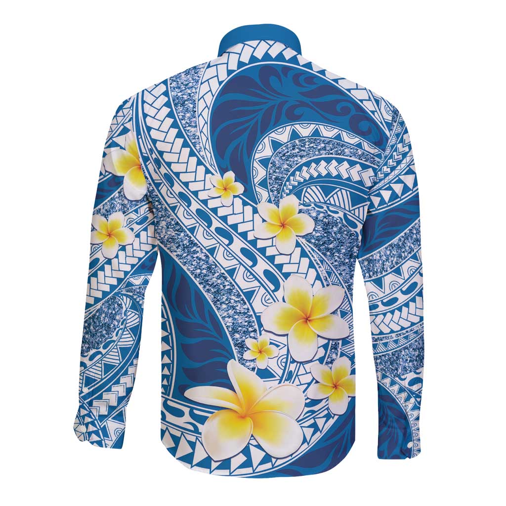 Plumeria Polynesian Blue Glitter Pattern Long Sleeve Button Shirt LT01 - Polynesian Pride
