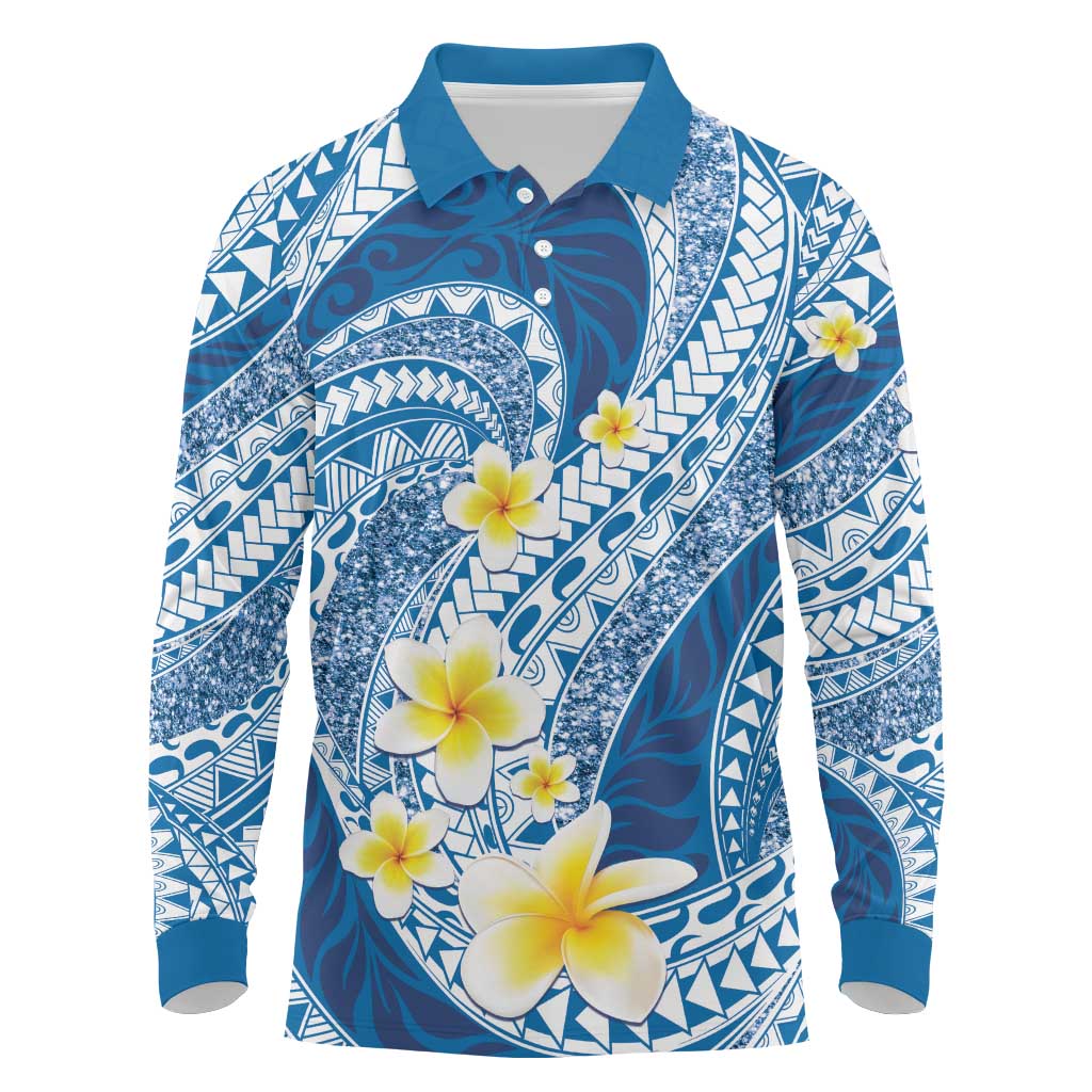 Plumeria Polynesian Blue Glitter Pattern Long Sleeve Polo Shirt