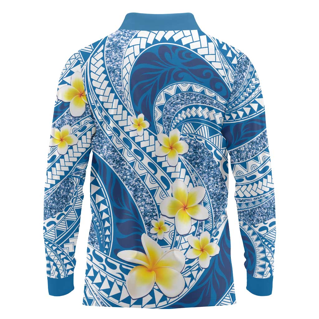Plumeria Polynesian Blue Glitter Pattern Long Sleeve Polo Shirt