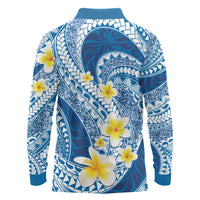 Plumeria Polynesian Blue Glitter Pattern Long Sleeve Polo Shirt