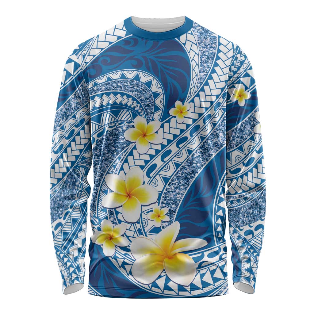 Plumeria Polynesian Blue Glitter Pattern Long Sleeve Shirt