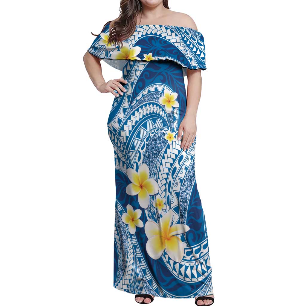 Plumeria Polynesian Blue Glitter Pattern Off Shoulder Maxi Dress LT01 Women Blue - Polynesian Pride